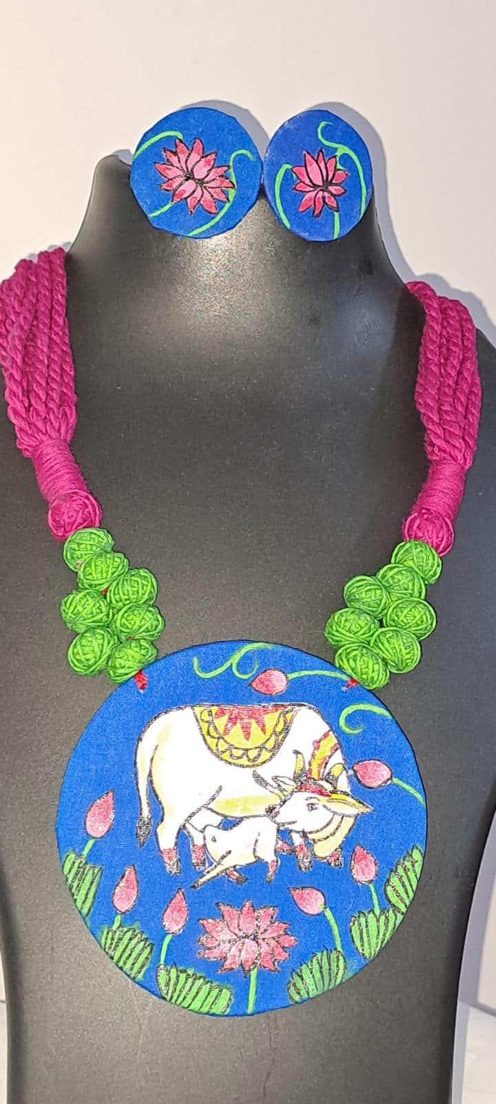 Handpainted fabric necklace set with earrings