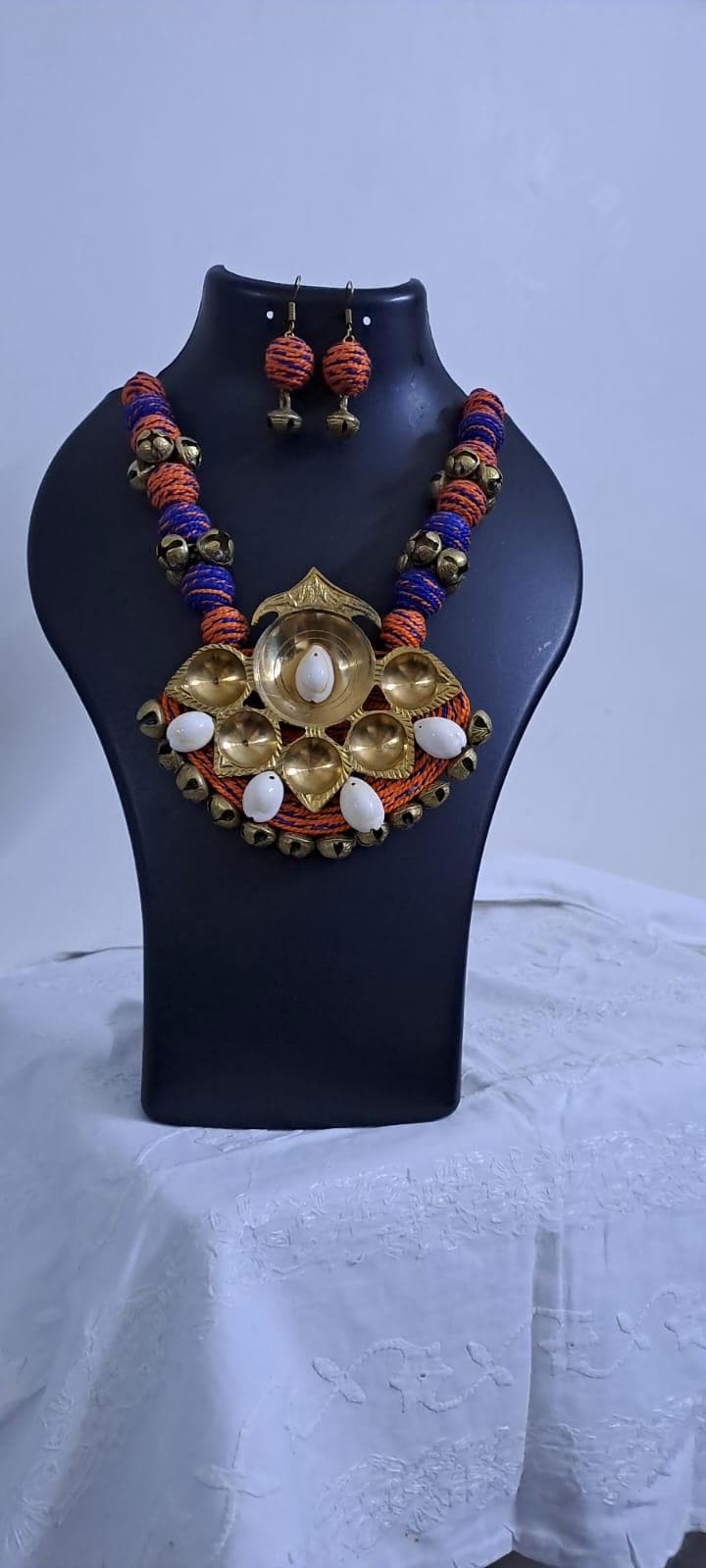 Blue Orange thread beads necklace set with dokra pendant n matching earrings