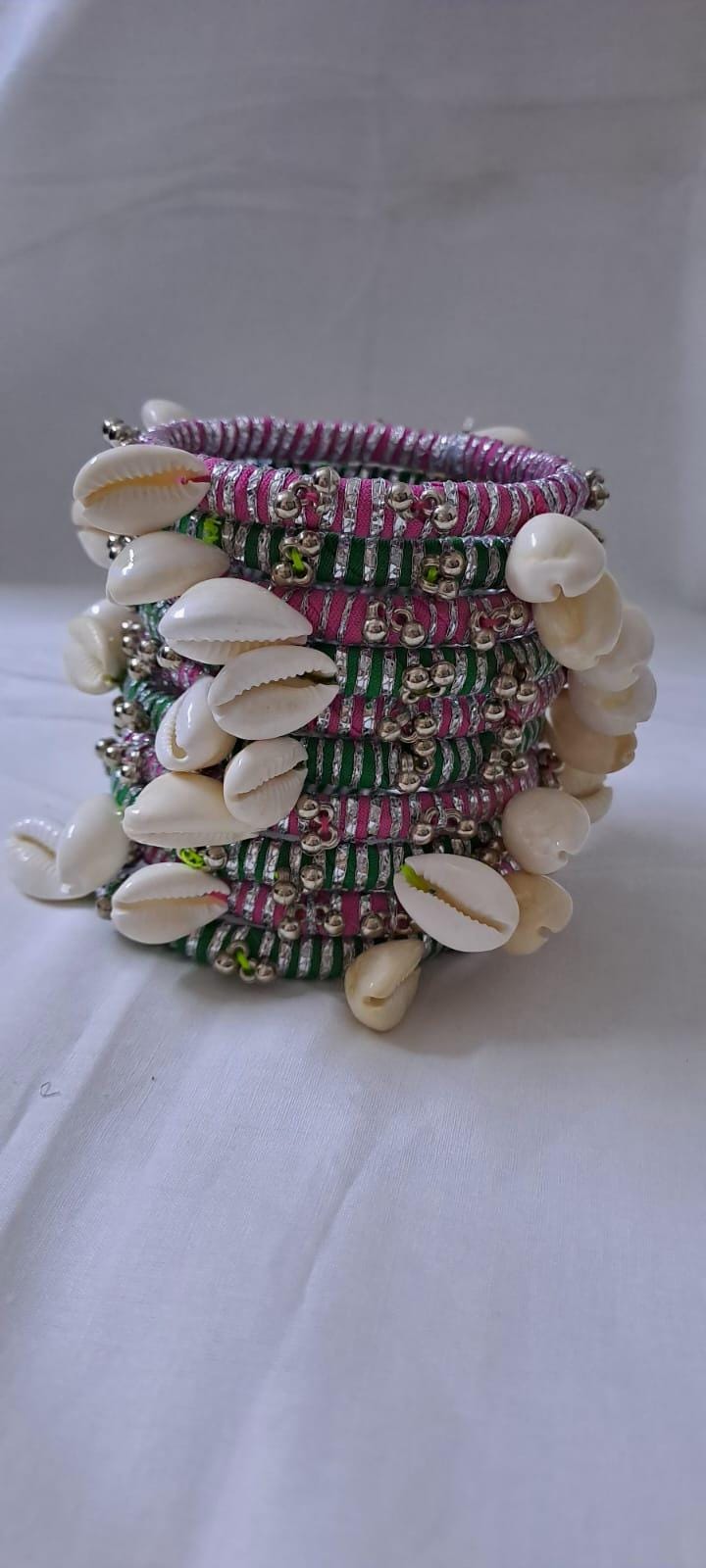 Pink and green colour traditional zari thread and kori bangles (set of 10 bangles)