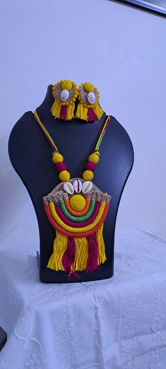 Exclusive multicoloured thread necklace set with jute n thread pendant n matching earrings