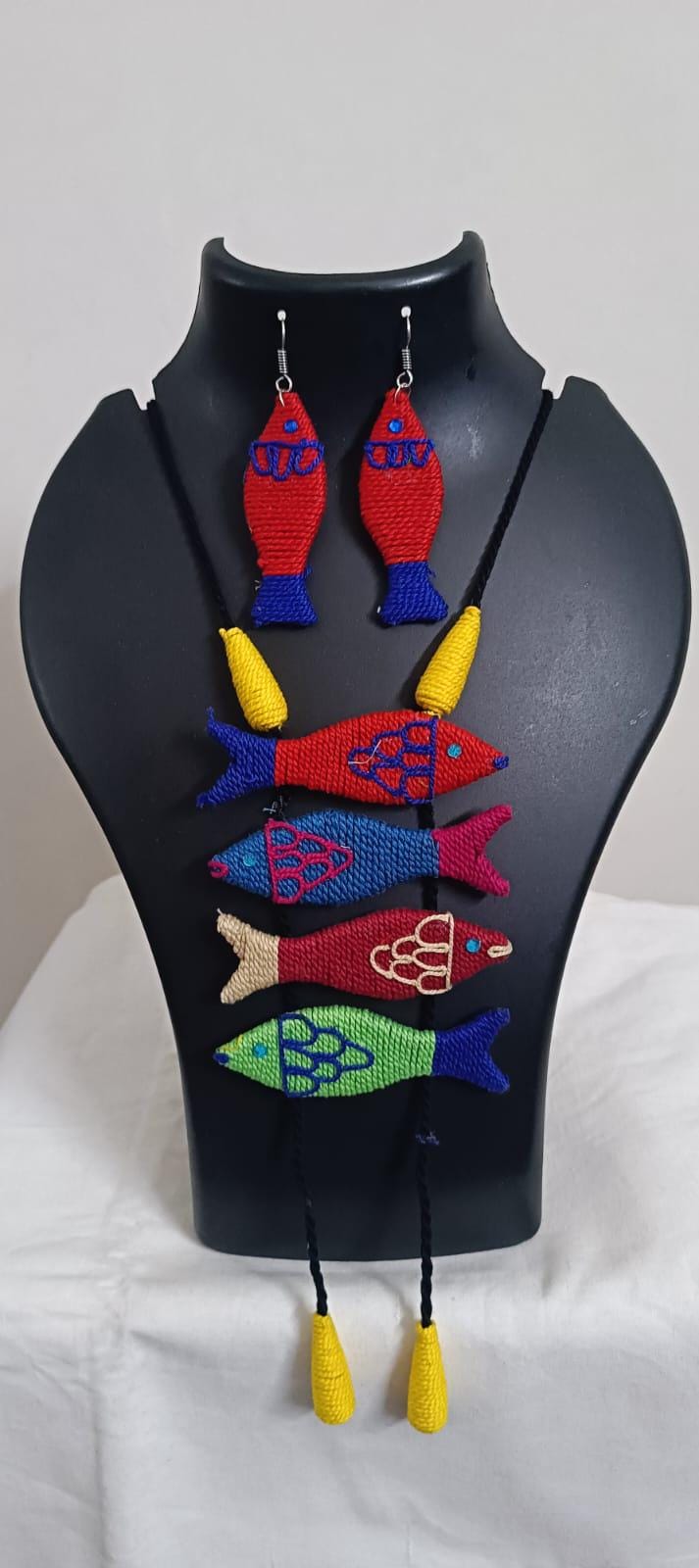 Multi colour crochet thread necklace with fish pendant and matching thread earrings