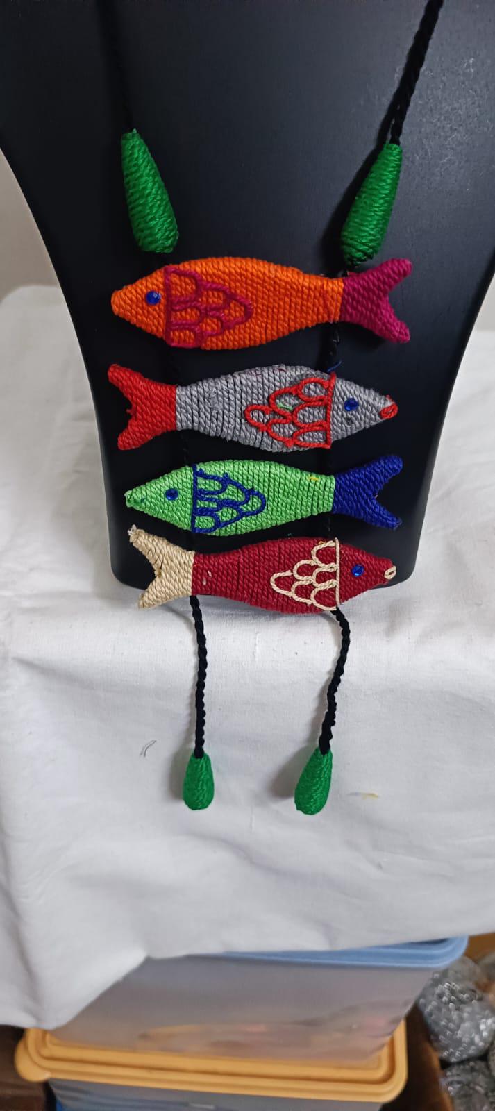 Multi colour crochet thread necklace with fish pendant and matching thread earrings