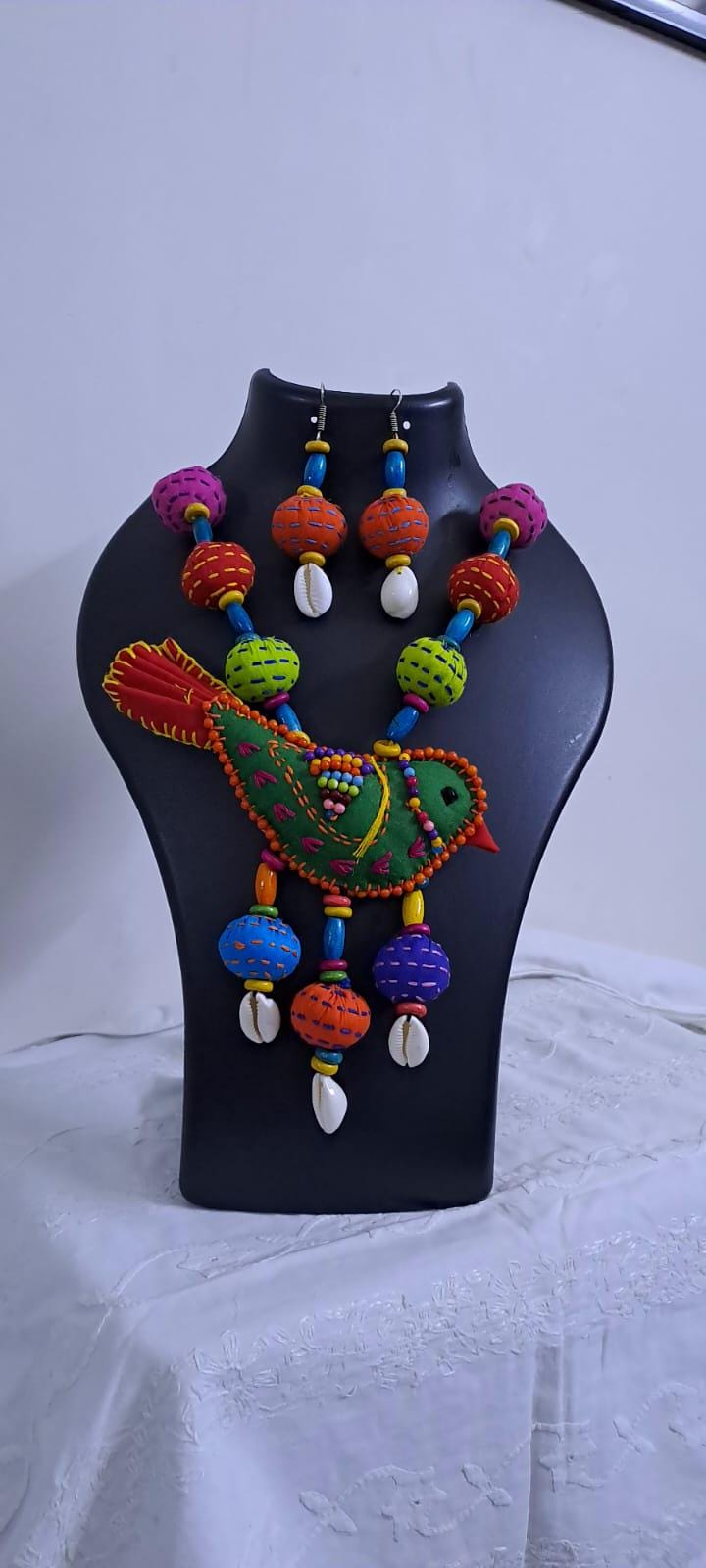Exclusive fabric necklace with embroidered green fabric bird pendant and fabric beads n matching beads