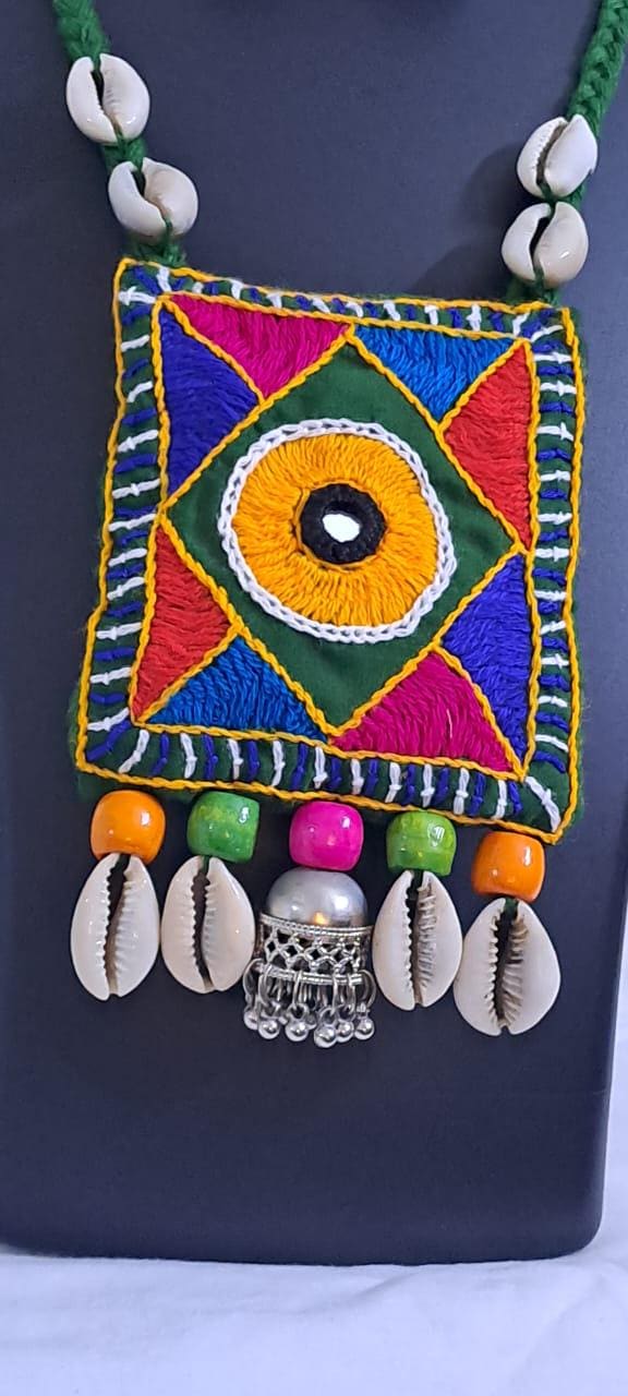 Hand embroidered Kutch Pattern fabric necklace set with matching earrings