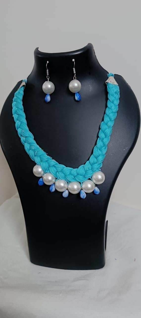 Blue  braided thread necklace with pearl n pearl danglers