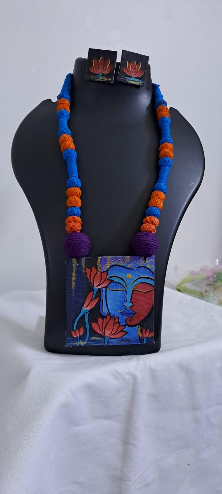 Handpainted fabric jewellery set with matching earrings