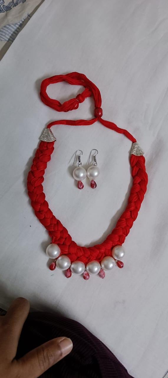 Red  braided thread necklace with pearl n pearl danglers