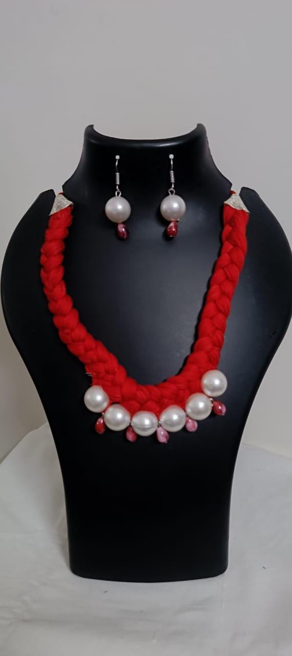 Red  braided thread necklace with pearl n pearl danglers