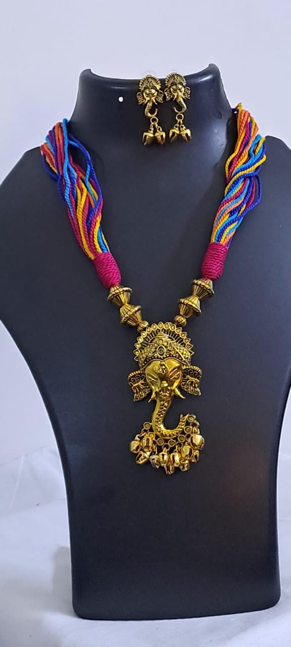 Multicoloured thread necklace with Golden oxidised traditional pendant