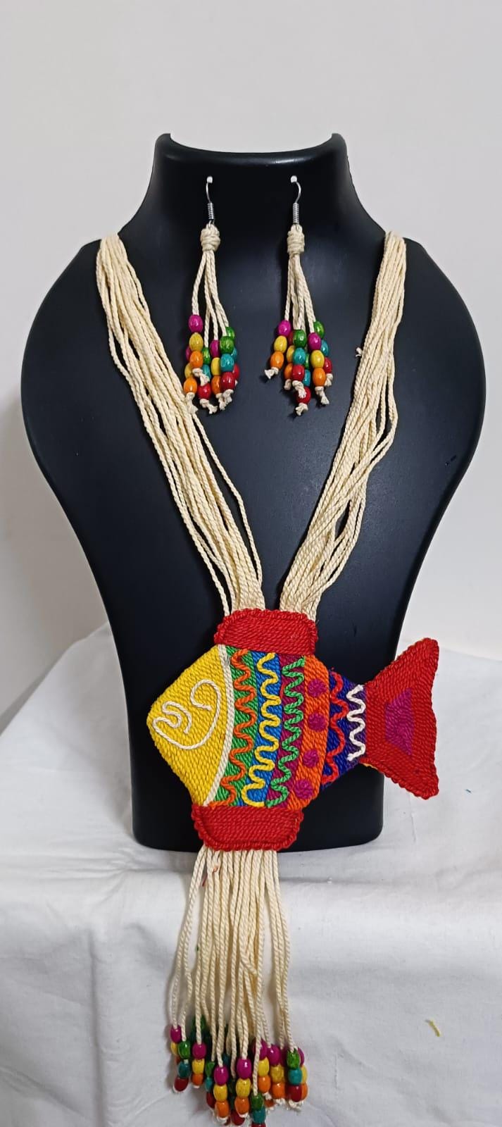 Multi colour thread fish pendant Jewellery. set with matching thread earrings