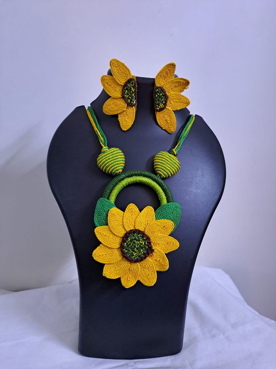 Yellow thread necklace set with sunflower pendant n matching earrings