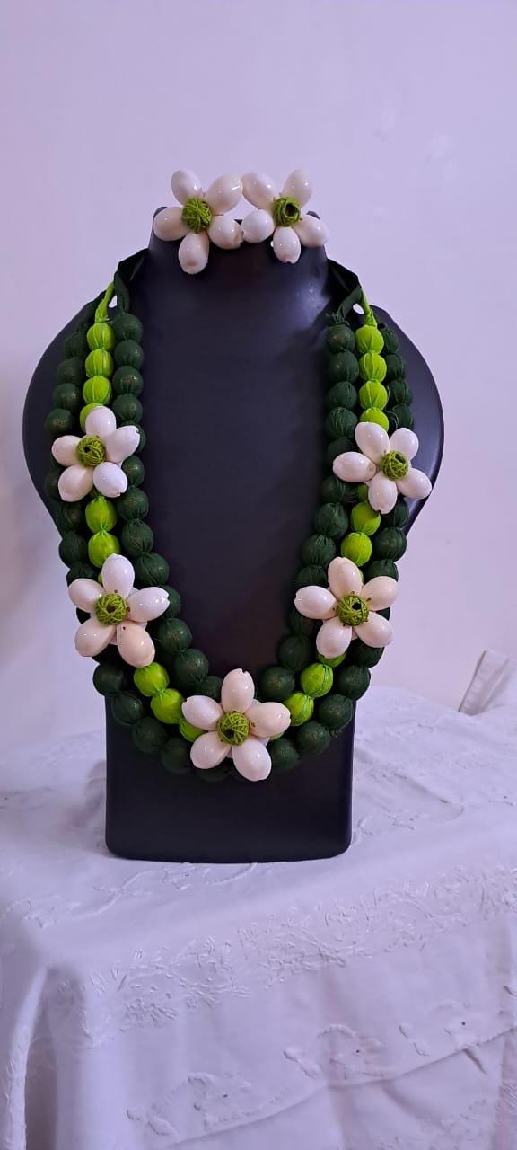 Exclusive multi-layered green fabric necklace with shells n matching earrings