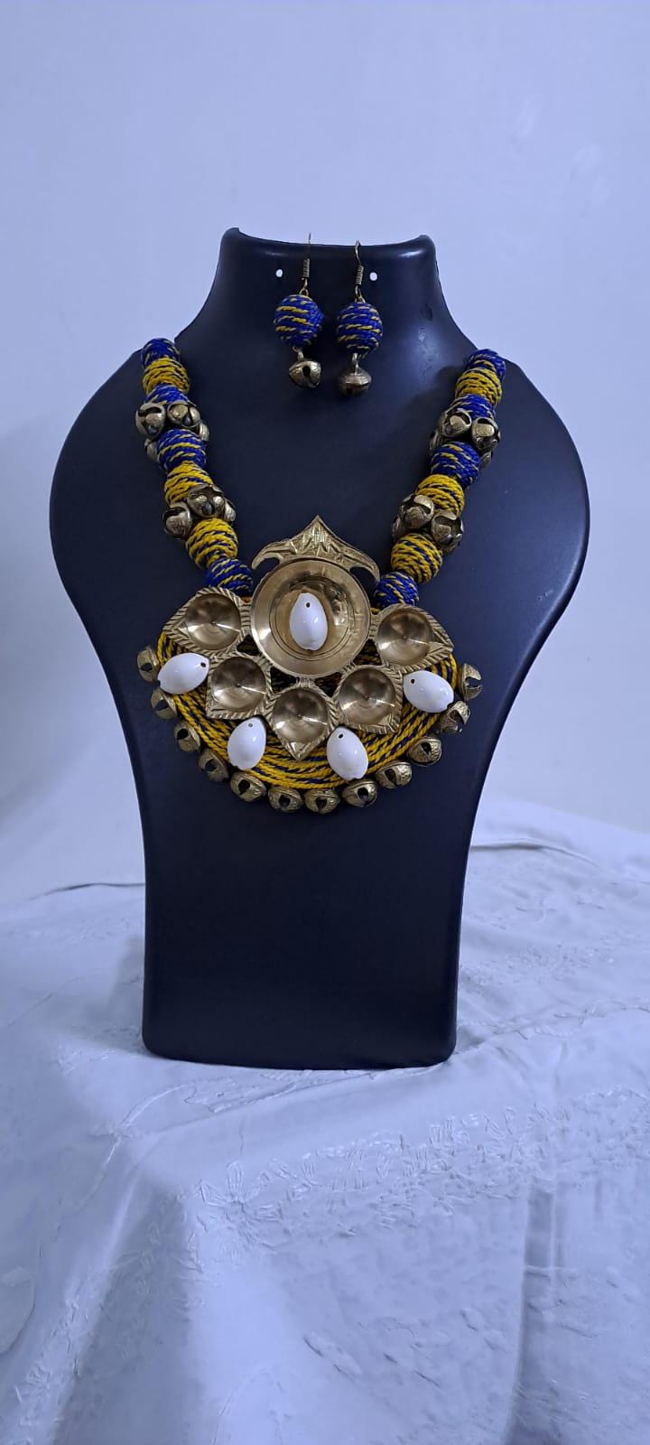 Blue yellow thread beads necklace set with dokra pendant n matching earrings