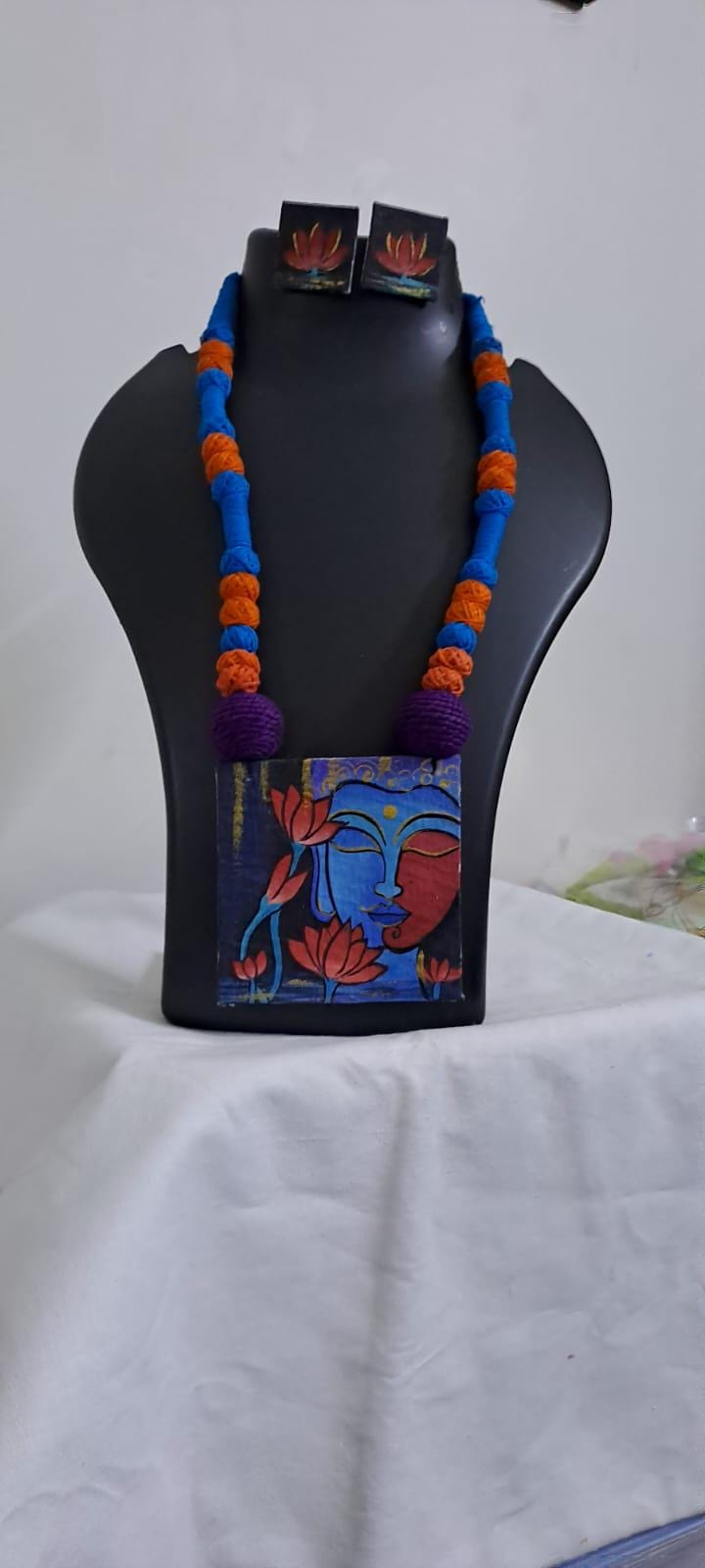 Handpainted fabric jewellery set with matching earrings