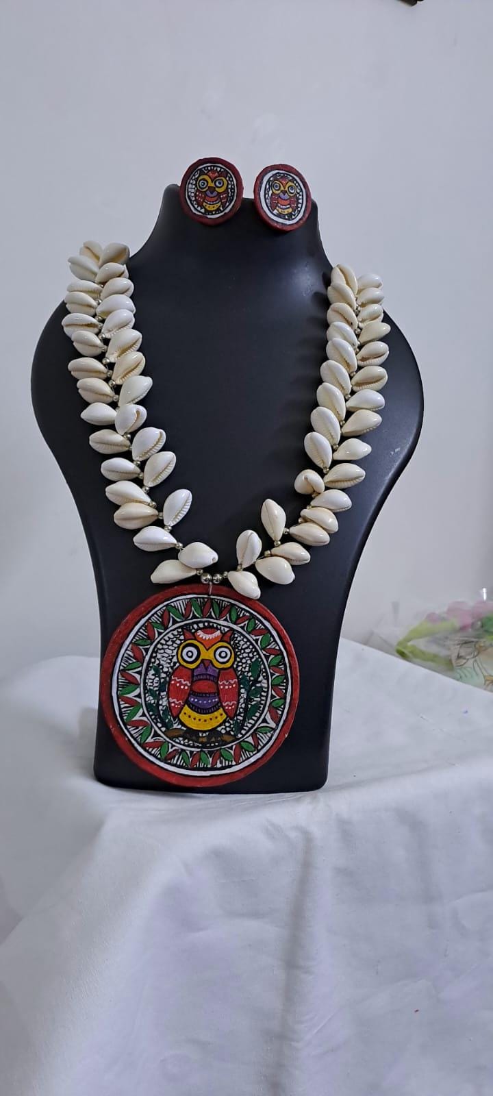 Handpainted fabric jewellery set with matching earrings