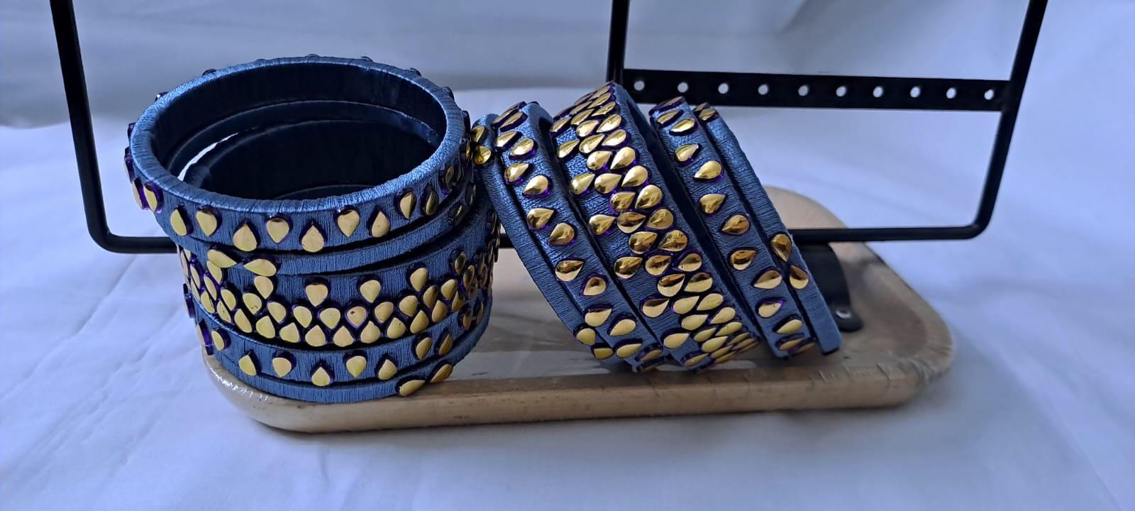 Grey colour traditional thread kundan bangles with zari bangle box
