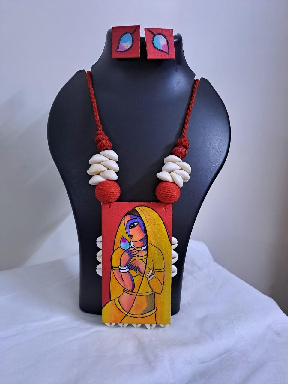Handpainted fabric jewellery set with matching earrings