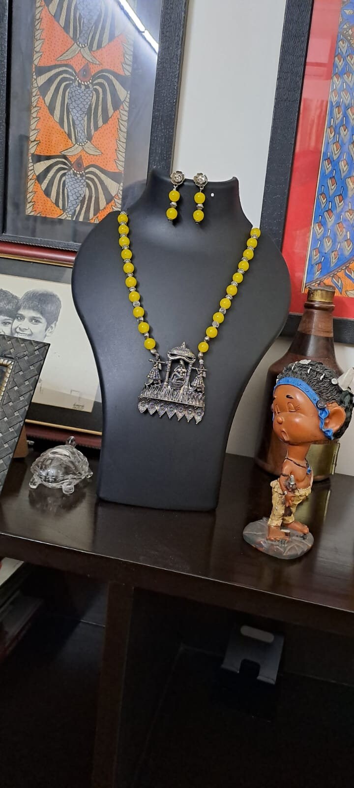 Yellow glass beads necklace with oxidised silver pendant