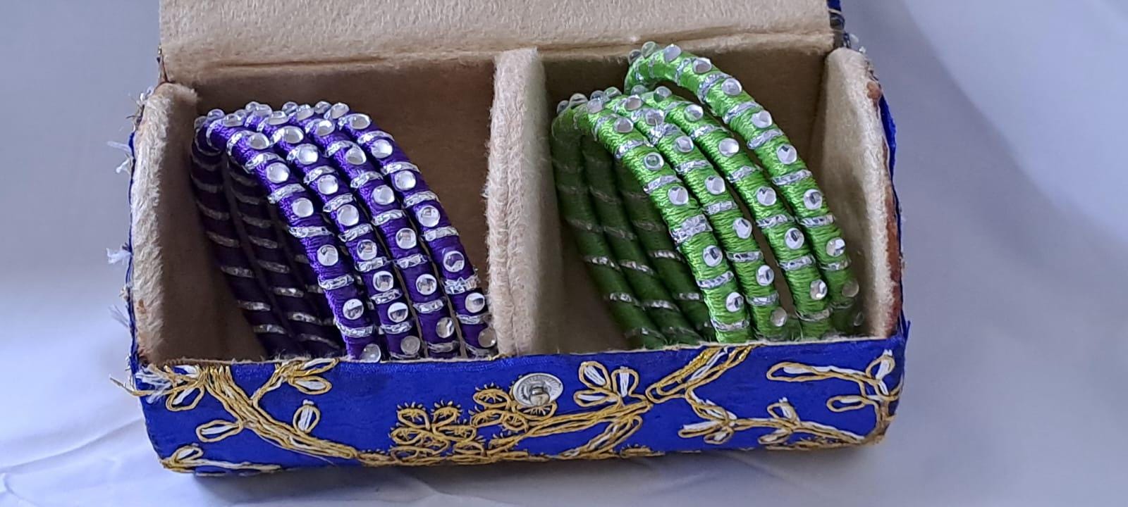 Purple and Green colour traditional kundan n gotta patti bangles with zari box  (set of 8 bangles)