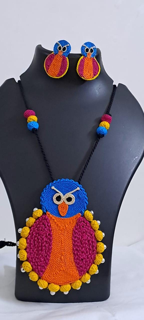 Handmade thread jewellery necklace set with owl pendant and matching earrings