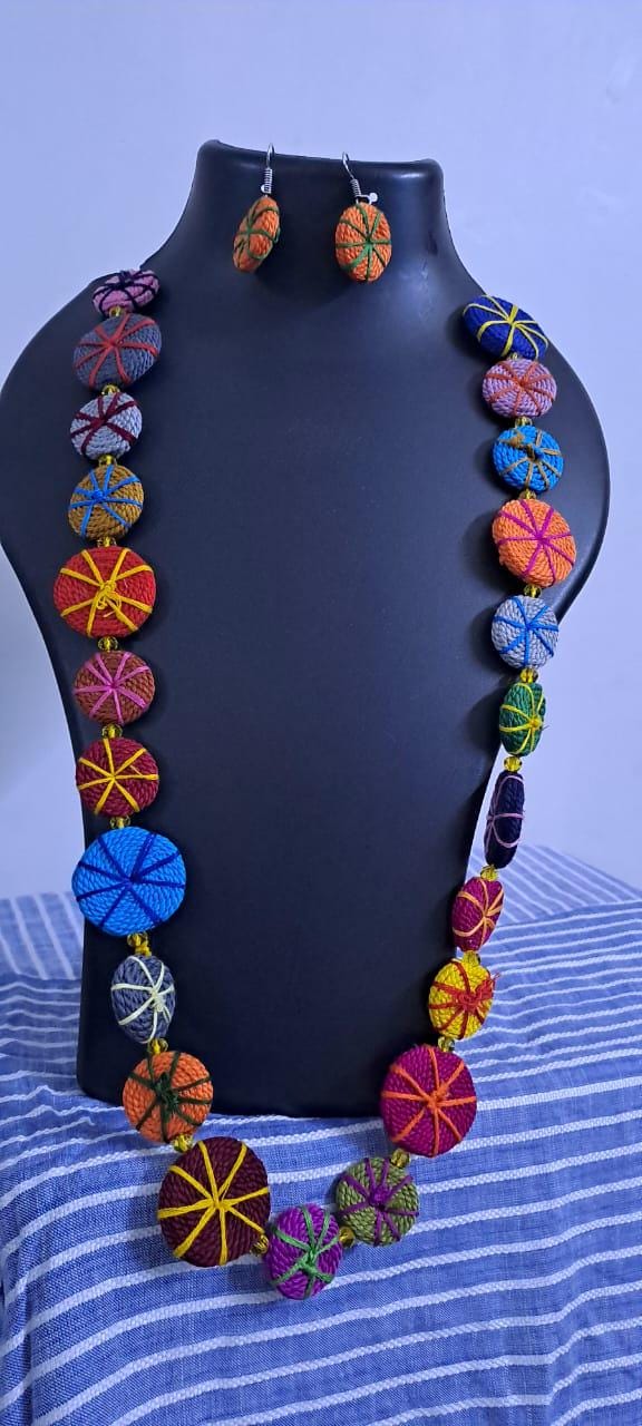 Exclusive multicoloured flat thread beads long necklace set with matching earrings (orange)