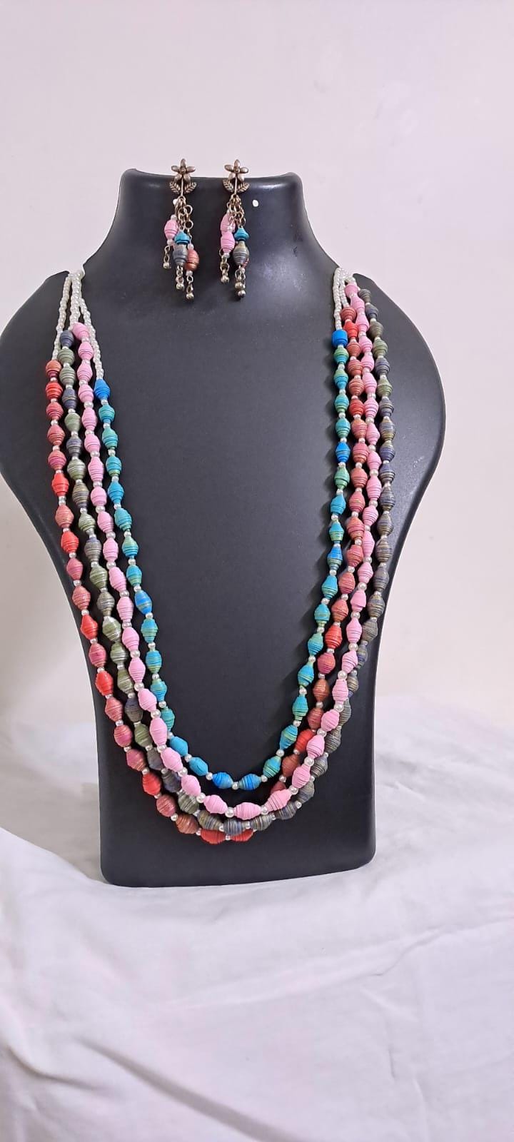 Blue, pink, grey n red paper beads necklace set