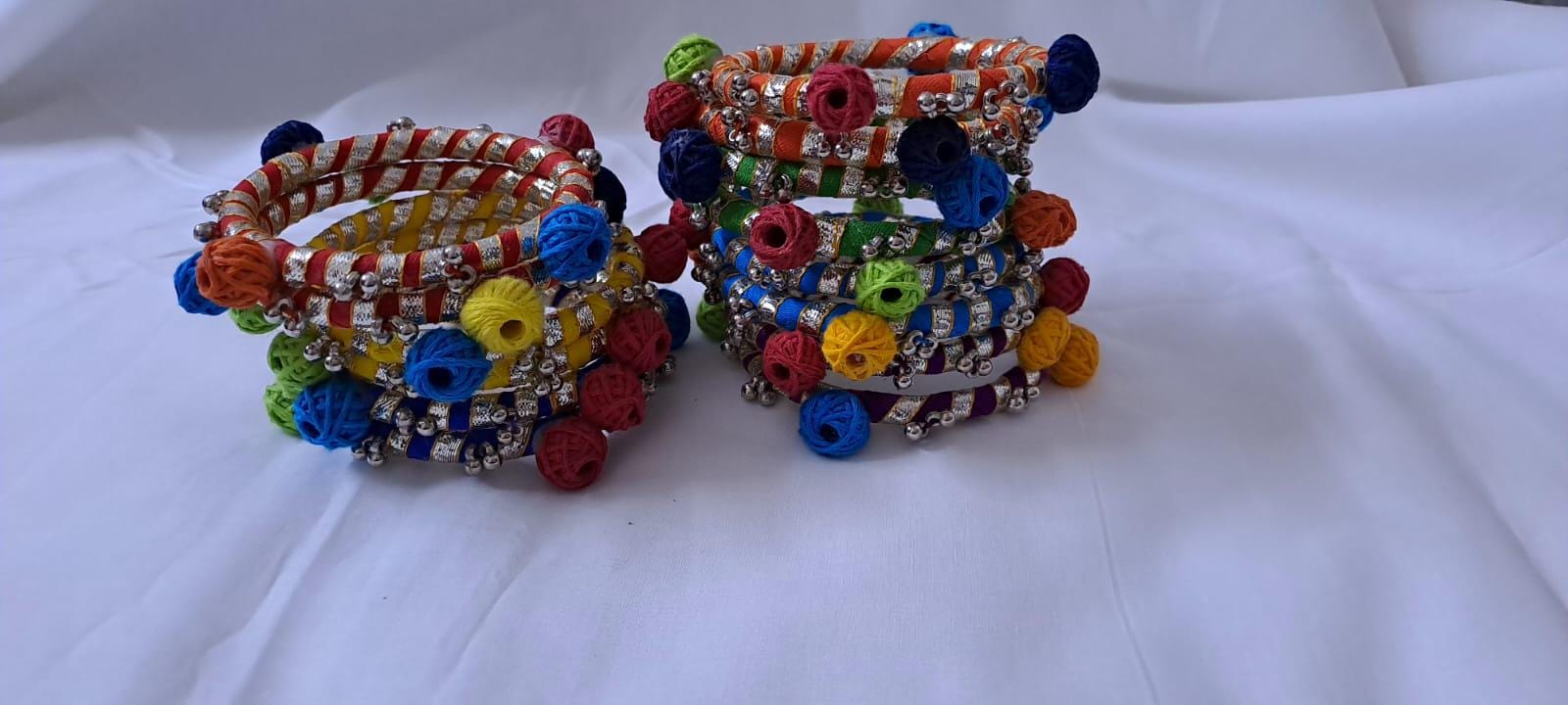 Multi colour traditional zari thread bangles with cotton beads (set of 14 bangles)