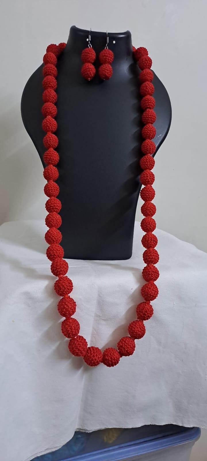 Exclusive red colour thread beads long necklace set with matching earrings