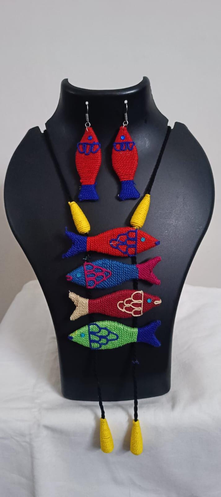 Multi colour crochet thread necklace with fish pendant and matching thread earrings