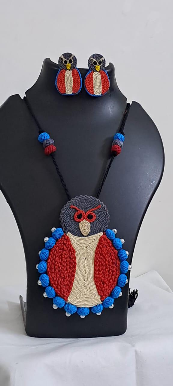 Handmade thread jewellery necklace set with owl pendant and matching earrings