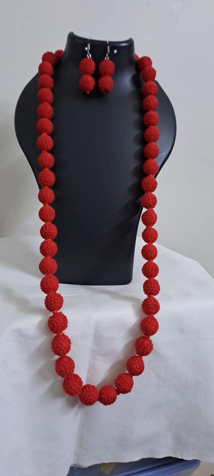 Exclusive red colour thread beads long necklace set with matching earrings