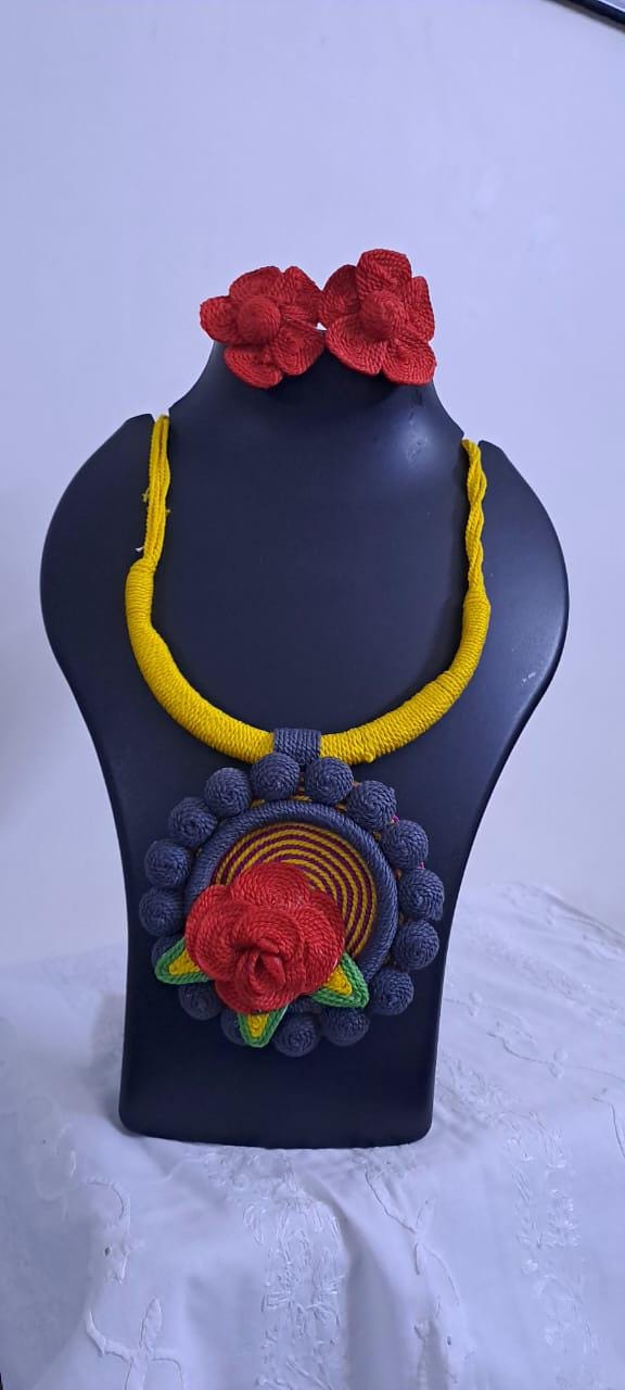 Exclusive multicoloured thread necklace set with round thread pendant n matching flower earrings