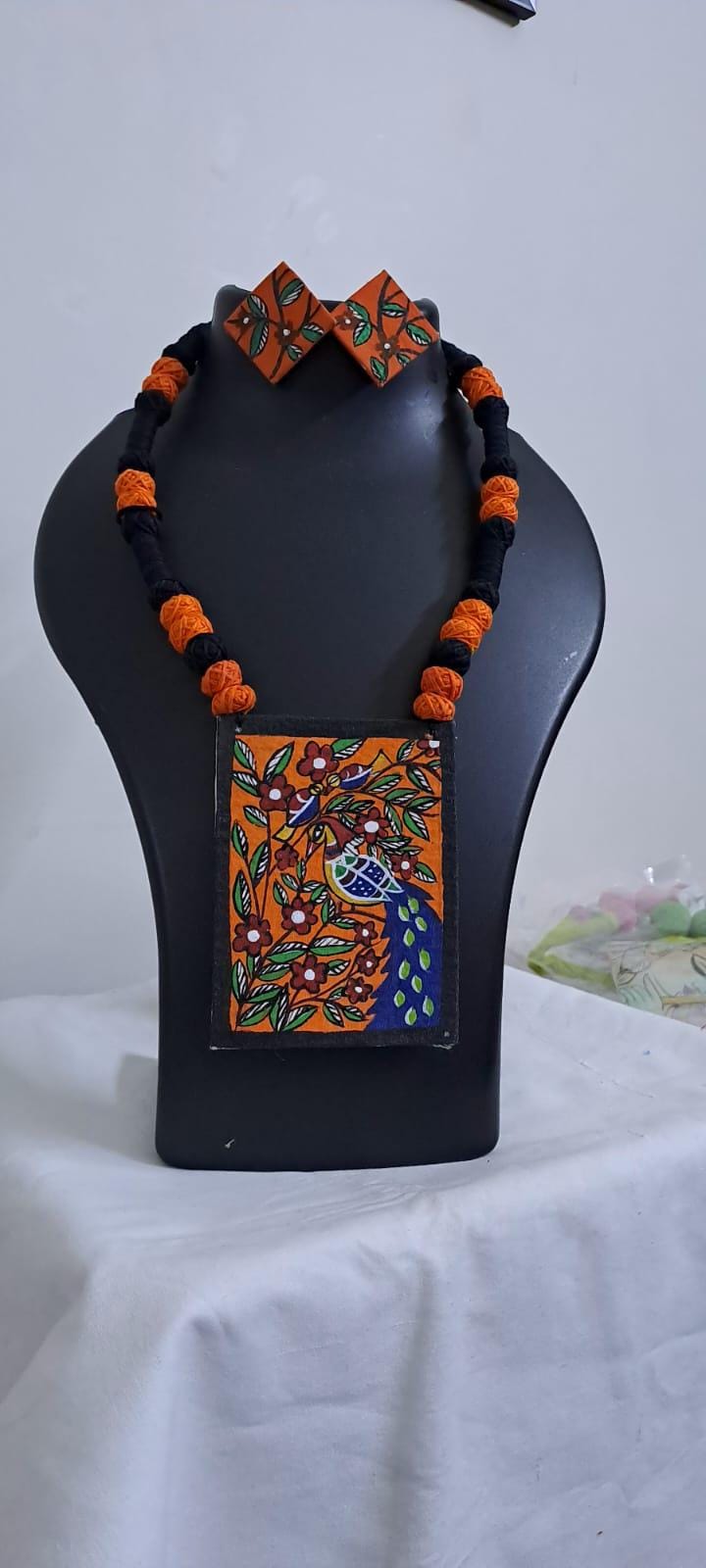 Handpainted fabric jewellery set with matching earrings