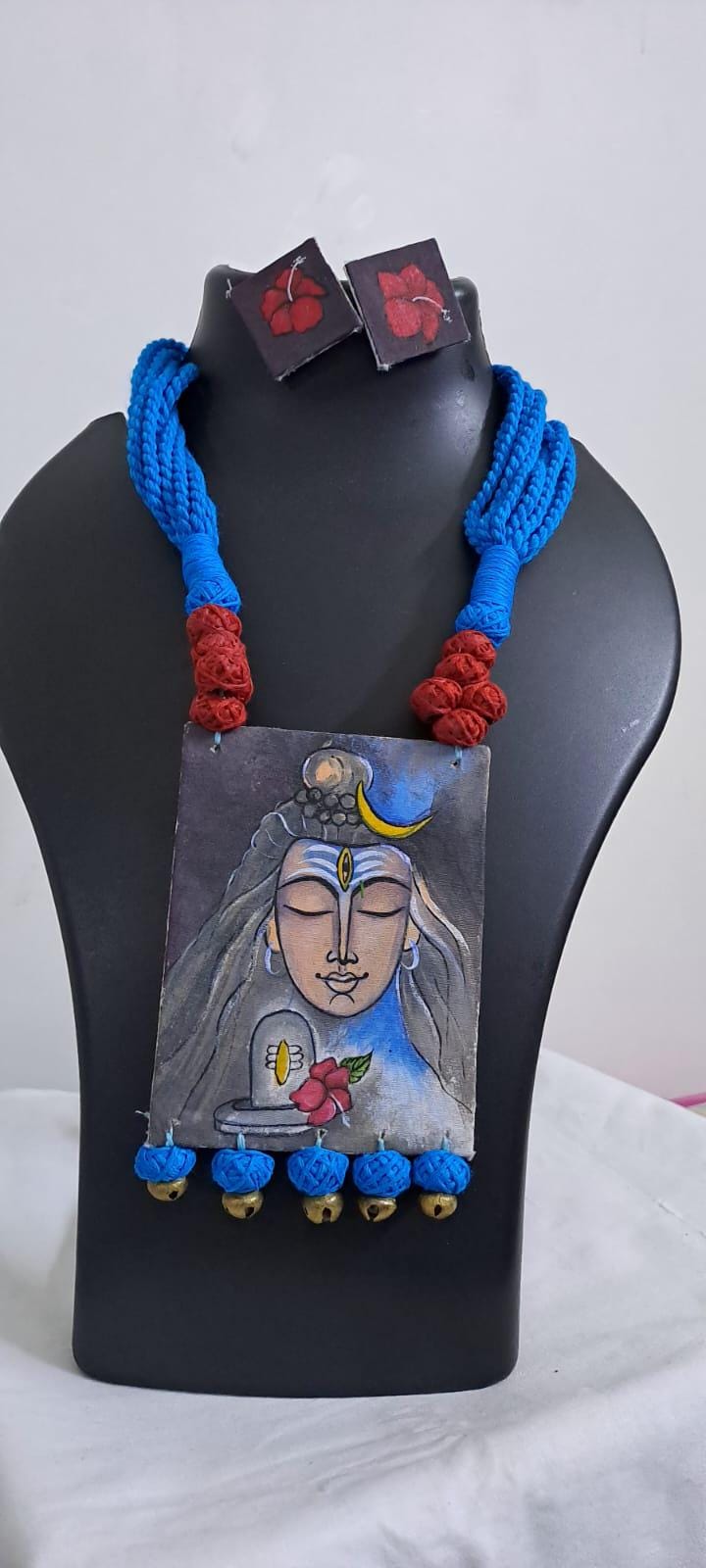 Handpainted fabric jewellery set with matching earrings