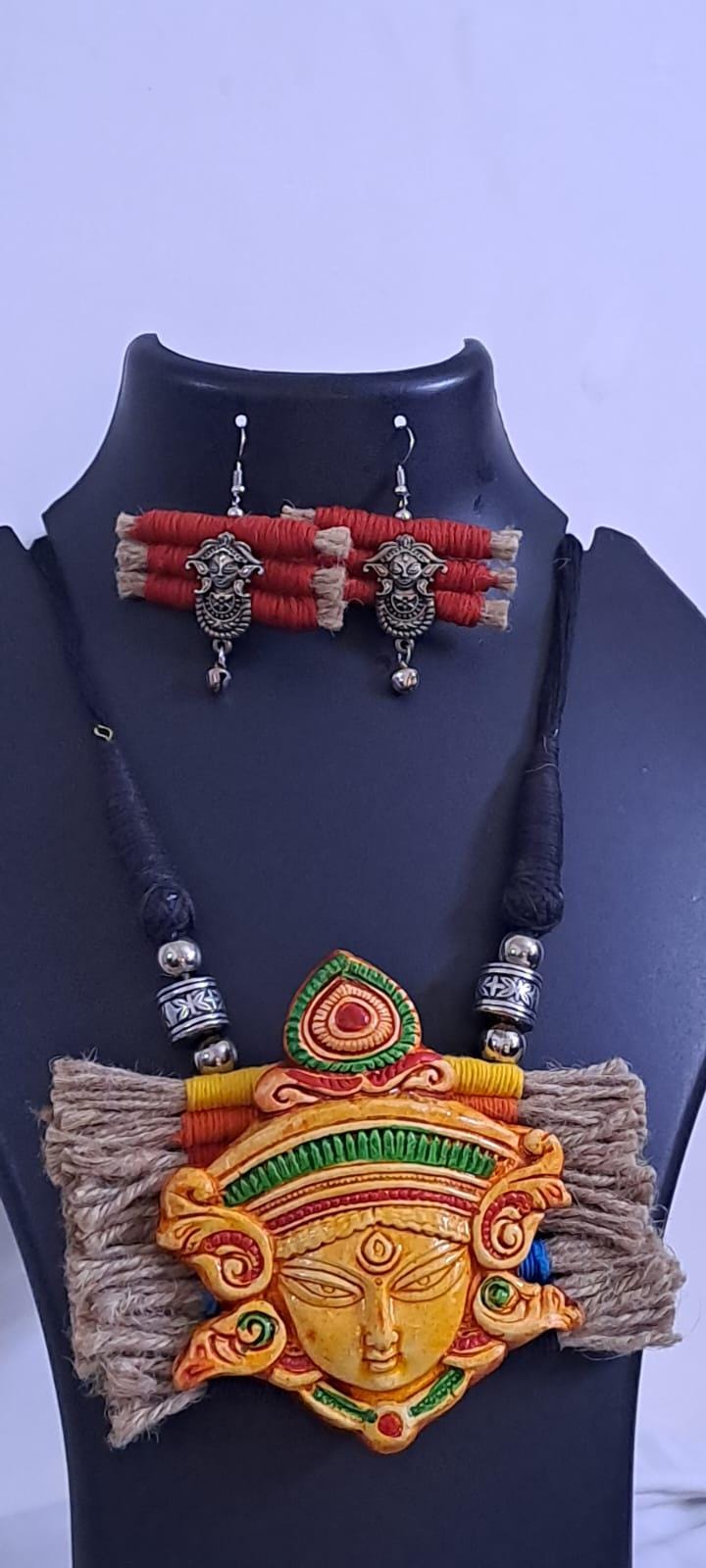 Terracotta Durga pendant jute necklace set with matching earrings
