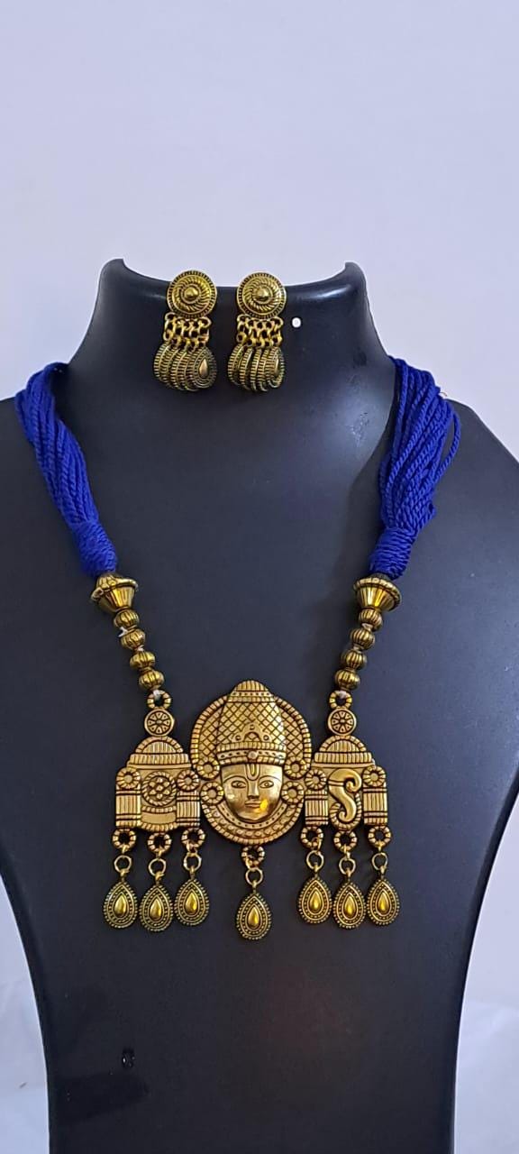 Royal blue thread necklace with Golden oxidised traditional pendant