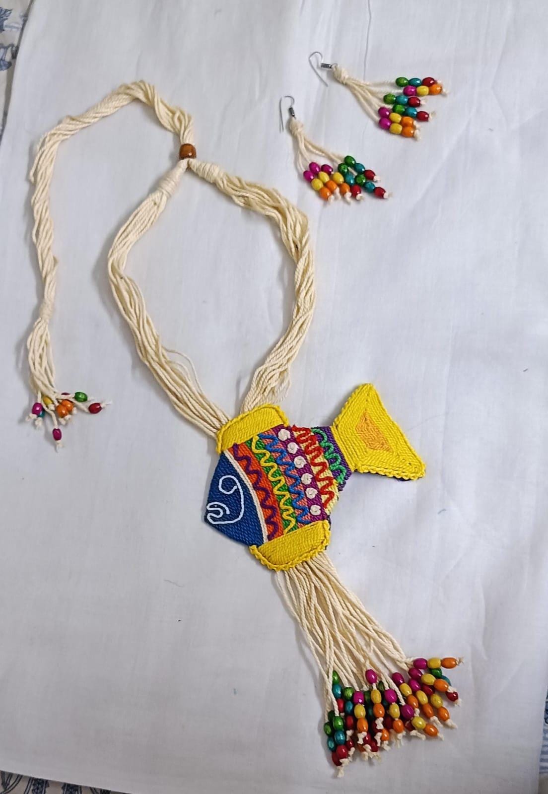 Multi colour thread fish pendant Jewellery. set with matching thread earrings