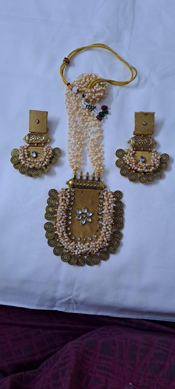 Exclusive Indian traditional golden fabric necklace with laural beads and kundan n matching earrings