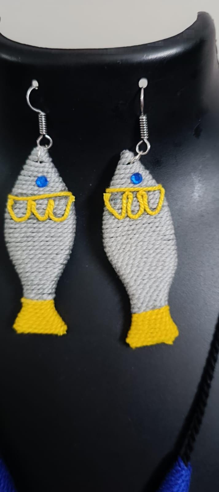 Multi colour crochet thread necklace with fish pendant and matching thread earrings