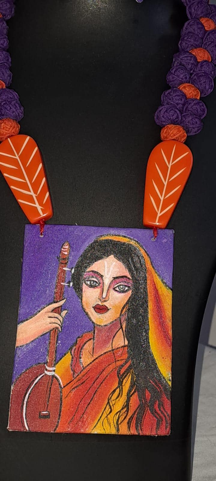 Handpainted fabric necklace set with earrings