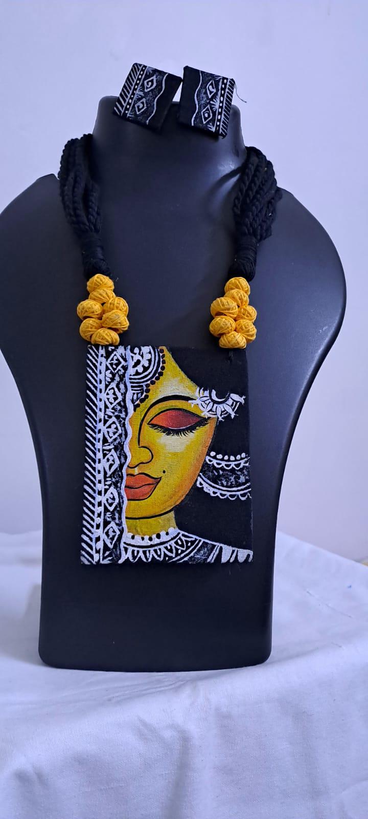 Handpainted fabric necklace set with earrings