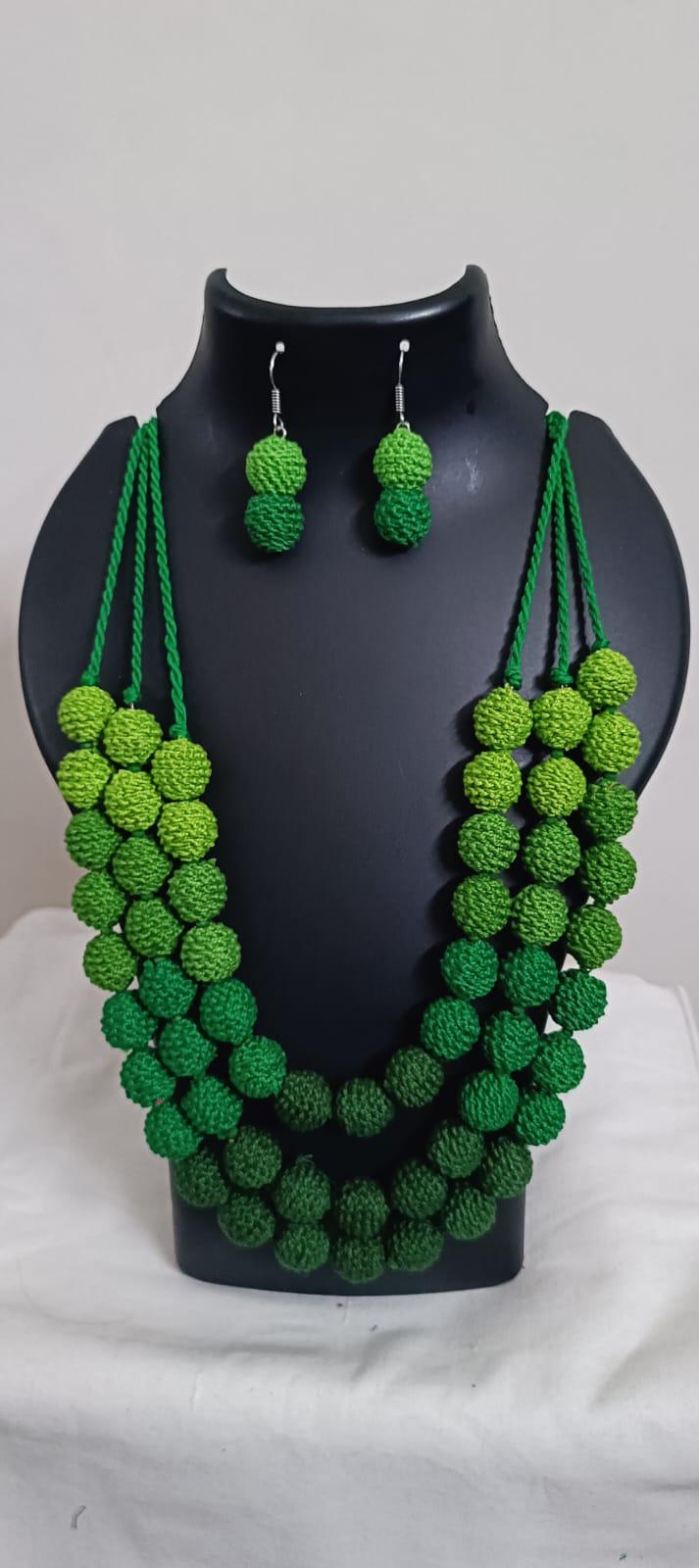 Exclusive 3 layered  green thread beads necklace set with matching earrings
