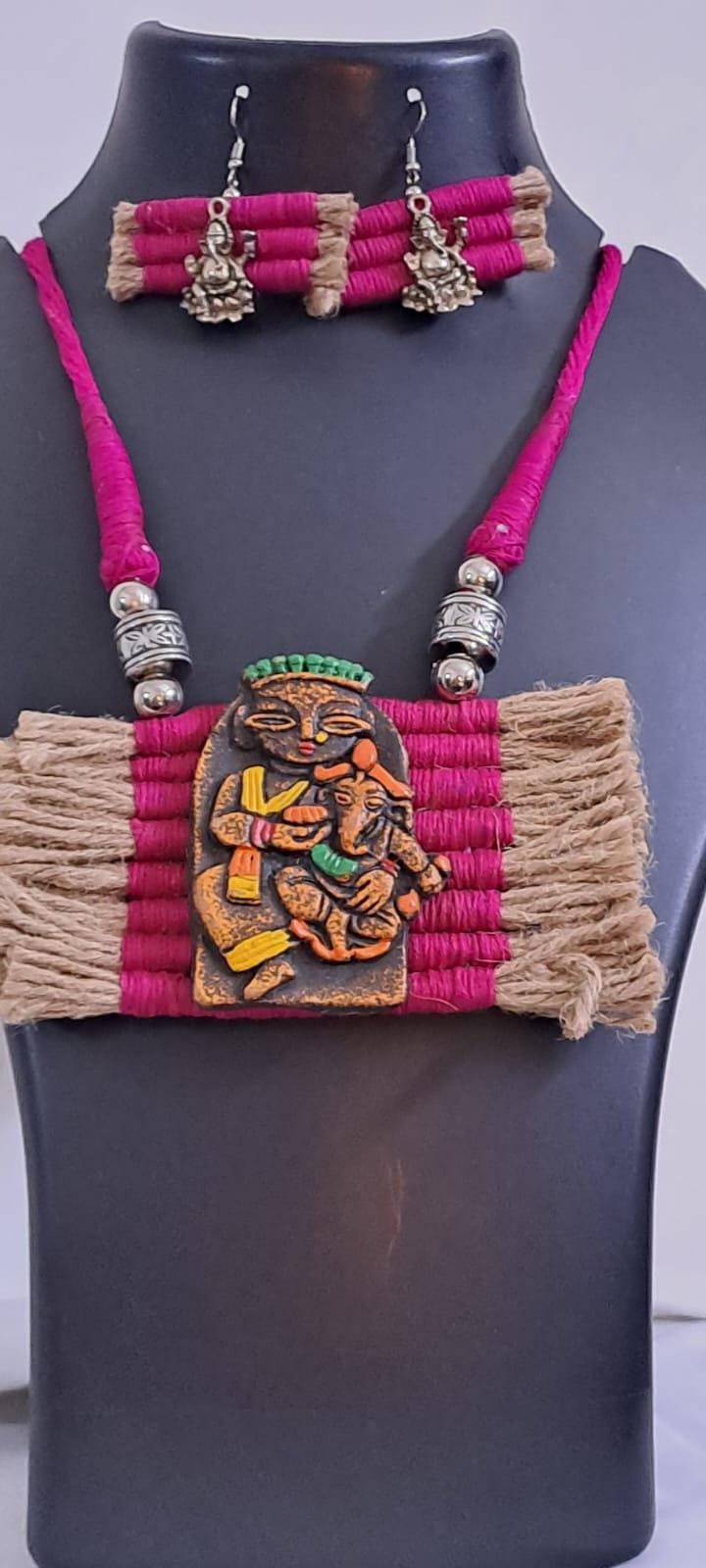 Terracotta Ganesha & Parvati pendant jute necklace set with matching earrings