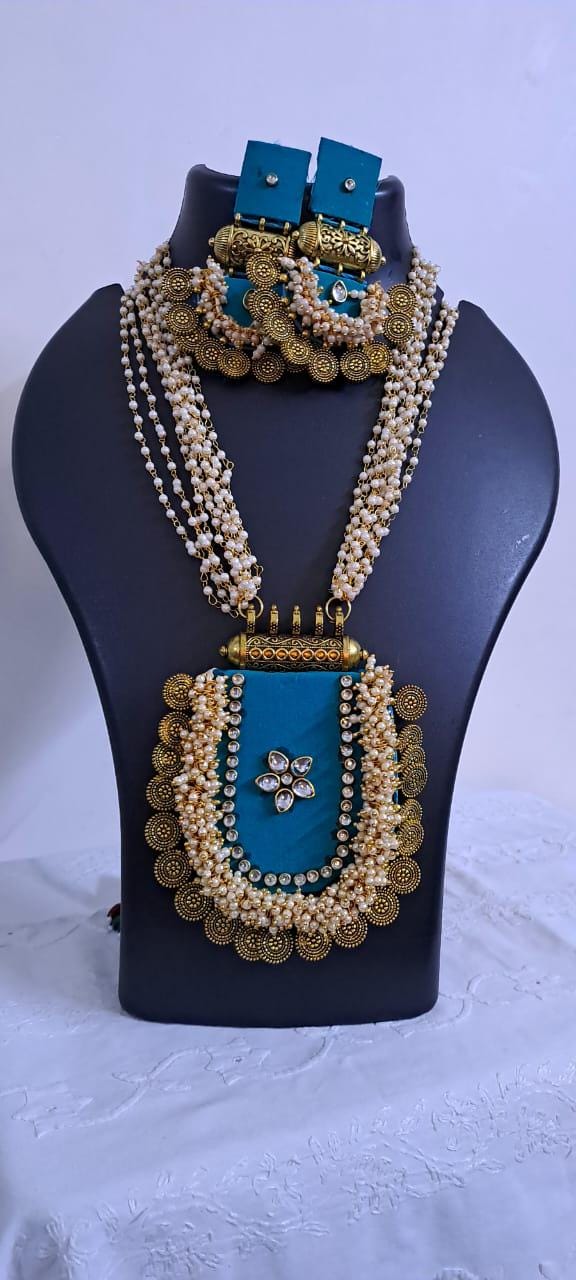 Exclusive Indian traditional blue fabric necklace with laural beads and kundan n matching earrings