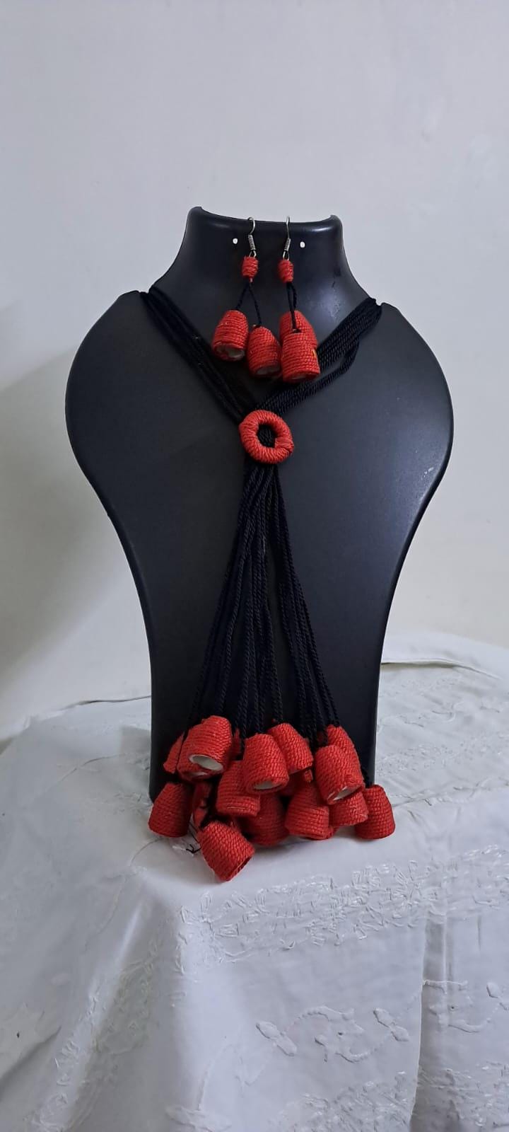 Red thread necklace with multiple thread aparajita flower fringes n matching earrings