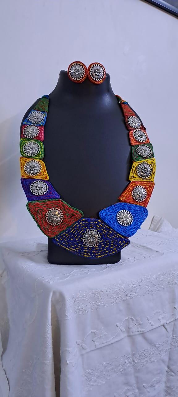 Exclusive  necklace set with multiple thread n  silver oxidised pendants n matching earrings