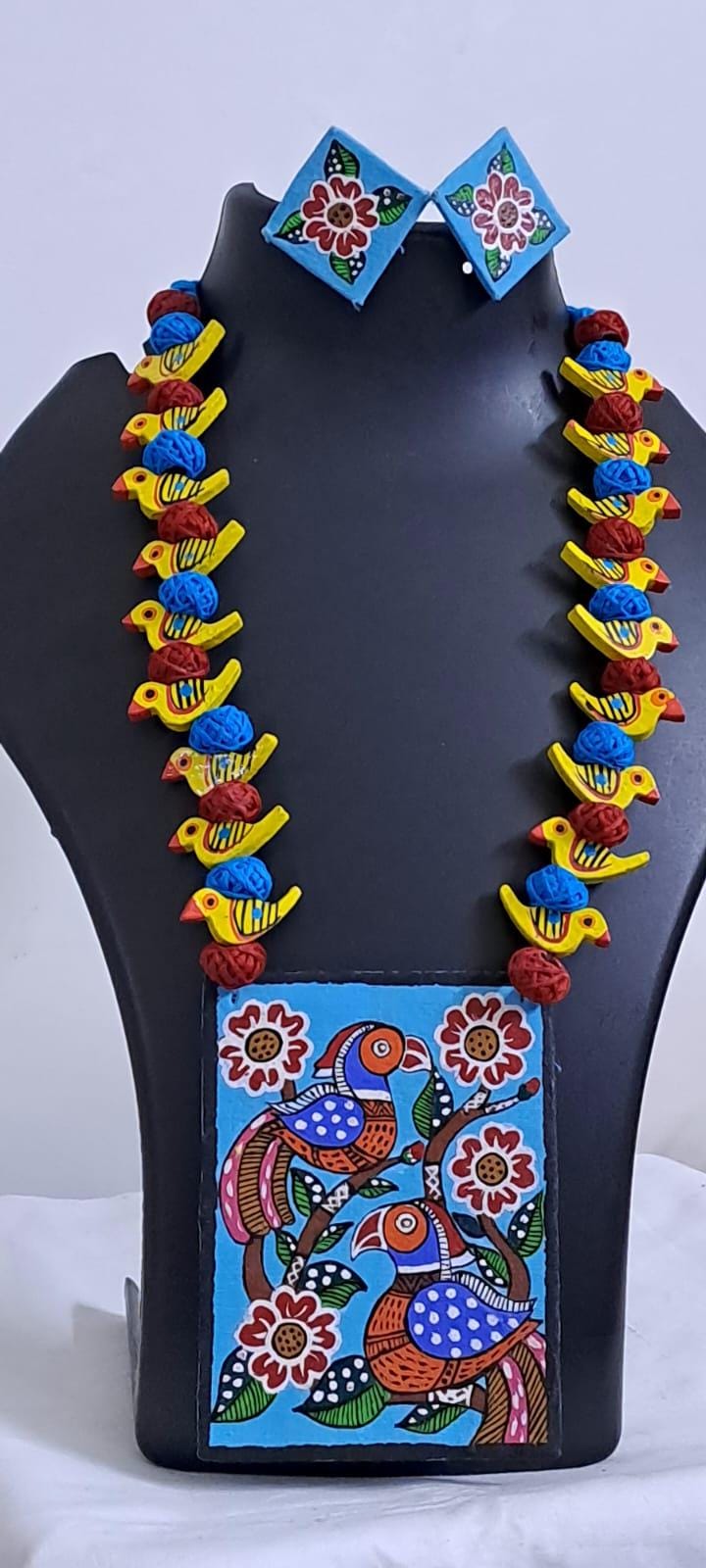 Handpainted fabric necklace set with earrings