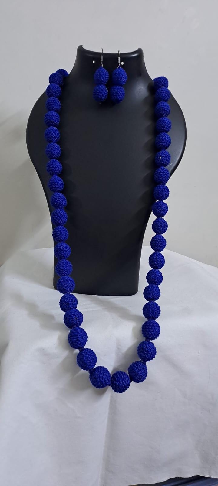 Exclusive blue thread beads long necklace set with matching earrings