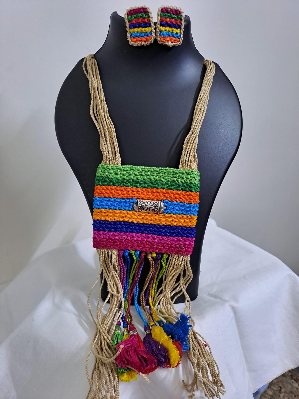 Multi colour crochet thread necklace with thread danglers and matching thread earrings