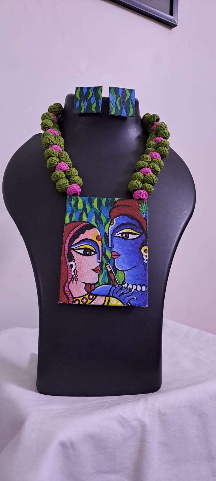 Handpainted fabric jewellery set with matching earrings